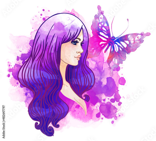 Amazing watercolor background with pretty girl and butterfly. Vector art isol...