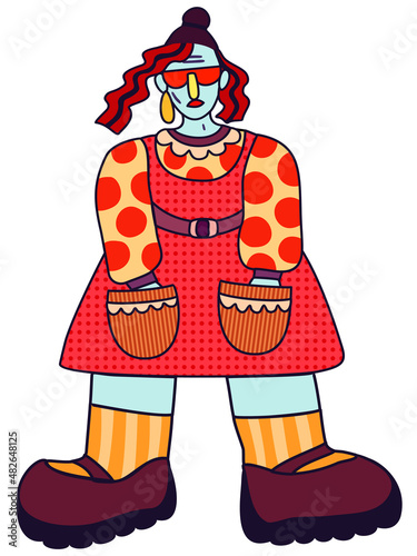 Bright vector illustration of a girl in sunglasses and hat with big legs. Hands in pockets, Mary Jane shoes. Isolated on white background.