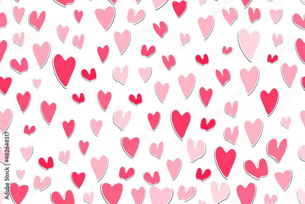 Seamless pattern with pink hearts. Template holiday vector illustration. Design for card, postcard, poster, print, banner. Cartoon colorful hearts on white background.