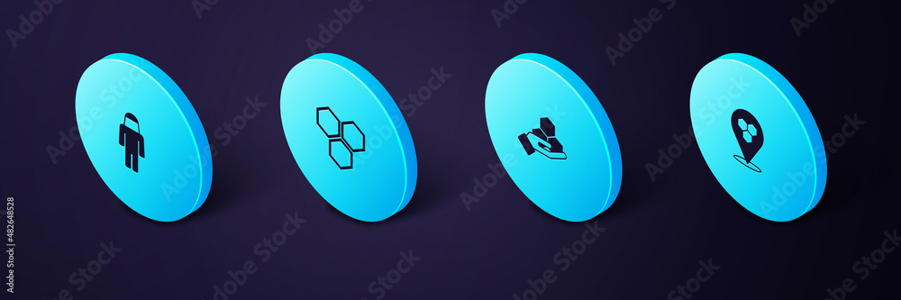 Set Isometric Honeycomb bee location, and hand, and Beekeeper with protect hat icon. Vector Set Isometric Honeycomb bee location, and hand, and Beekeeper with protect hat icon. Vector