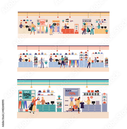 Women in clothing store on black friday. Seasonal discount offers clothes on sale. Closeout in boutique. Happy shopaholic makes purchase. Satisfied female customer with shopping bags in fashion market