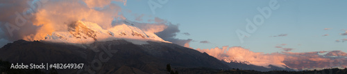 View of the Huascaran mountain at sunset, the highest mountain in Peru, with 6768 meters above sea level.