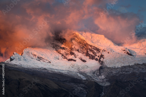 View of the Huascaran mountain at sunset, the highest mountain in Peru, with 6768 meters above sea level.