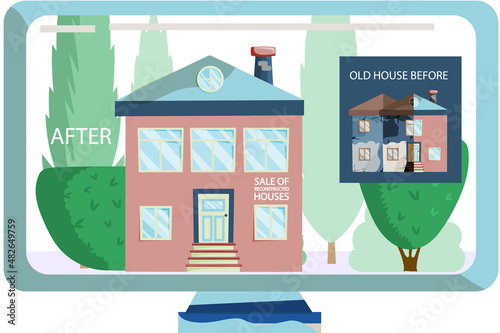 Creative mobile real estate sale web concept. Sale of reconstructed houses advertising announcement banner. Home renovation, building maintenance service, sale of used homes on secondary market