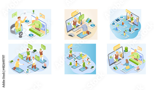 Set of illustrations about people communicating online. Collective virtual meeting or group video conference. Chatting by online videochat, videoconferencing and remote work with green technology