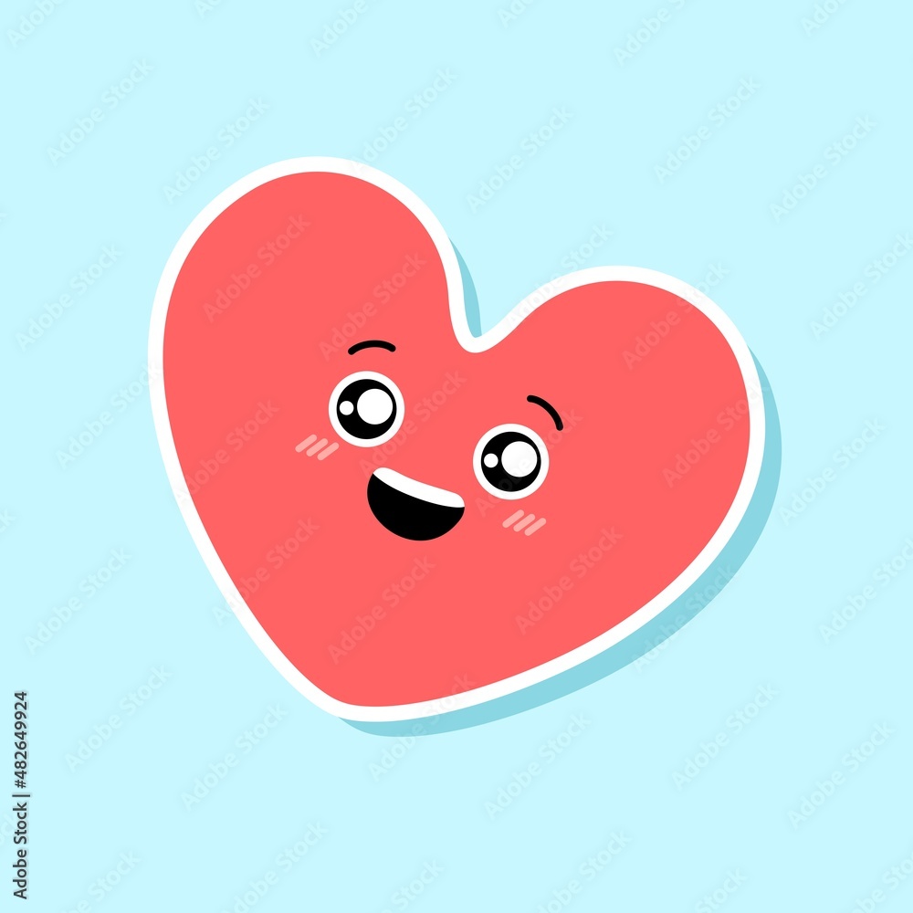 Cute pink heart emoji. Cartoon emotional character sticker. Heart with smile