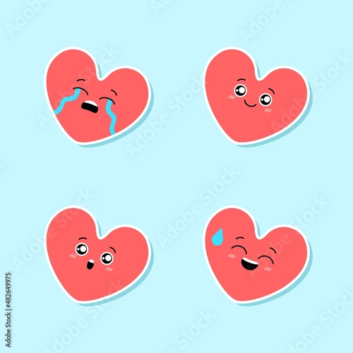 Set of cute pink hearts emoji. Cartoon emotional character sticker pack. Awkward, smiling, crying, surprised