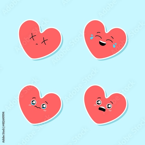 Set of cute pink hearts emoji. Cartoon emotional character sticker pack. Laughing, whimpering, surprised, dead