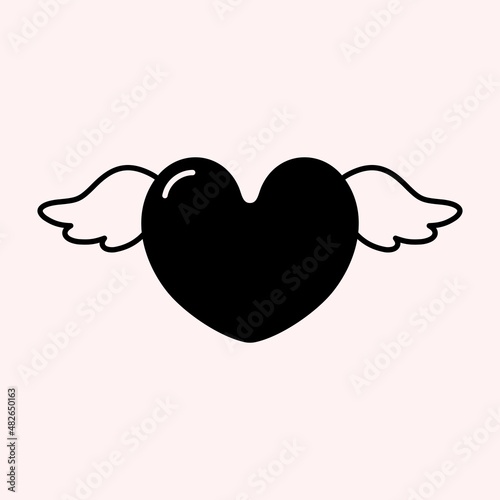 Black heart with wings. Vector symbol of love and valentine's day. Heart icon