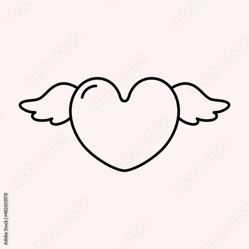 Black heart with wings. Vector symbol of love and valentine's day. Outline heart icon