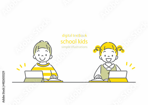 デジタルテキスト　デジタルテキストで楽しく授業を受ける小学生　シンプルでお洒落な線画イラスト