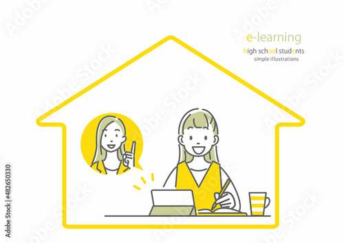 自宅で楽しくオンライン授業を受ける高校生の女の子　シンプルでお洒落な線画イラスト