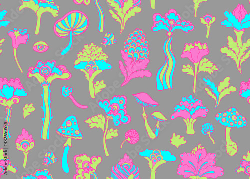 Colorful flowersl and mushrooms seamless pattern  retro 60s  70s hippie style background. Vintage psychedelic textile  fabric  wrapping  wallpaper. Vector repeating magic floral illustration.