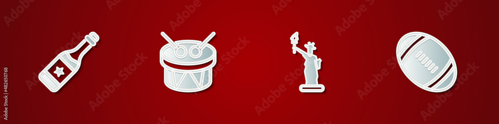 Set Champagne bottle, Drum and drum sticks, Statue of Liberty and American Football ball icon. Vector