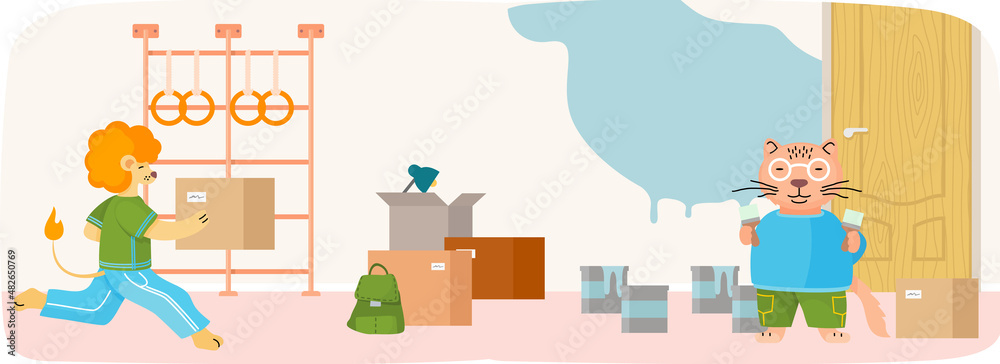 Animals moving to new house put things in cardboard boxes, change of place of residence. Moving to new apartment, relocation. Lion and cat settle down in apartment and decorate modern interior