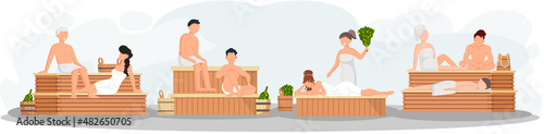 Sauna and steam room. Set of people in sauna. People relax and steam with birch brooms in traditional russian stove for female and male. Finnish bathhouse. Public sauna, Friends in spa resort