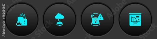 Set Fire in burning house, Storm, Drop crude oil price and Pie chart infographic icon. Vector