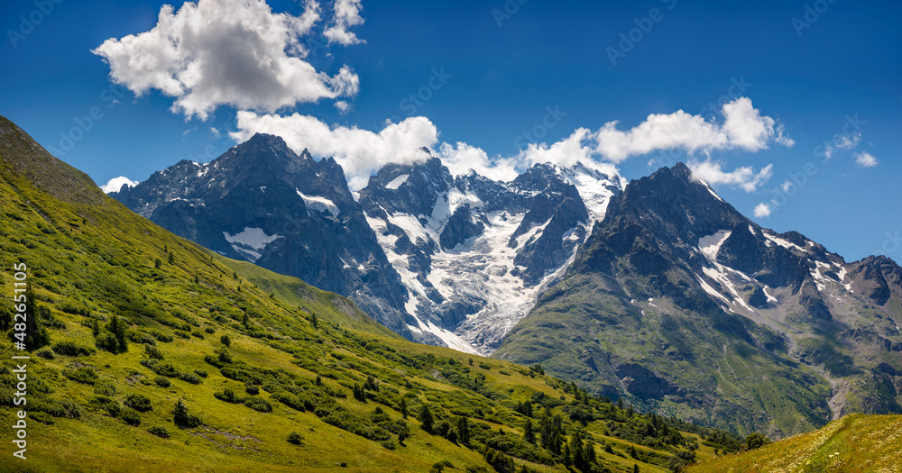Ecrins National Parc mountain peaks and glaciers in summer. La Meije peak and glacier du Lautaret. Oisans Massif (Southern French Alps). Hautes-Alpes. France