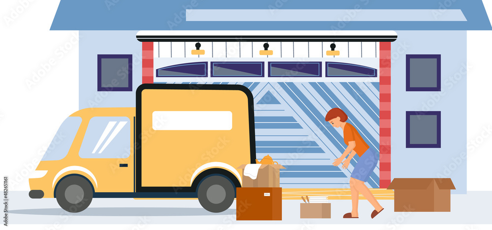 Garage with automatic gates. Gates with lifting mechanism, place for automobile parking. Woman choosing garbage and rubbish storage place. Girl transporting old things to garage using truck Garage with automatic gates. Gates with lifting mechanism, place for automobile parking. Woman choosing garbage and rubbish storage place. Girl transporting old things to garage using truck
