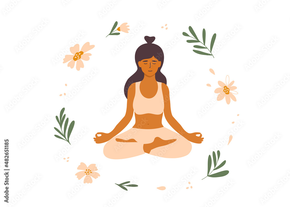 Peaceful young woman in zen yoga position, meditating. Enlightenment,  awareness and harmony concept. 16939994 Vector Art at Vecteezy