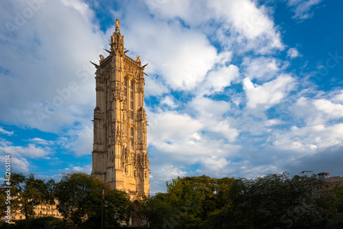 Tour Saint-Jacques (Historic Monument) in Paris at sunset. Located in the 4th Arrondissement (Right Bank) it is an example of Flamboyant Gothic architecture. France photo