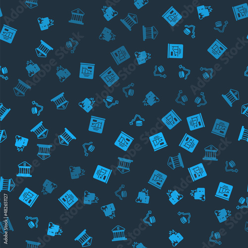 Set Fire in burning house, Pie chart infographic, Dollar rate decrease and Bank building on seamless pattern. Vector