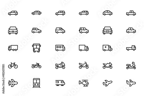 Vehicle transport icon set of car, truck, bike, train, airplane, helicopter, ambulance and bicycle