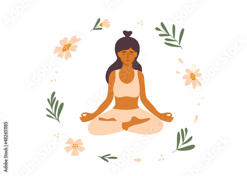 Young female meditating sitting lotus pose. Mindfulness meditation or practice, inner harmony, balance mind, body, soul. Woman among flowers and leaves. Self care, zen yoga, relax vector illustration