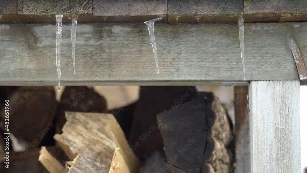 Icicles hanging from the roof are melting as a result of warming Icicles hanging from the roof are melting as a result of warming