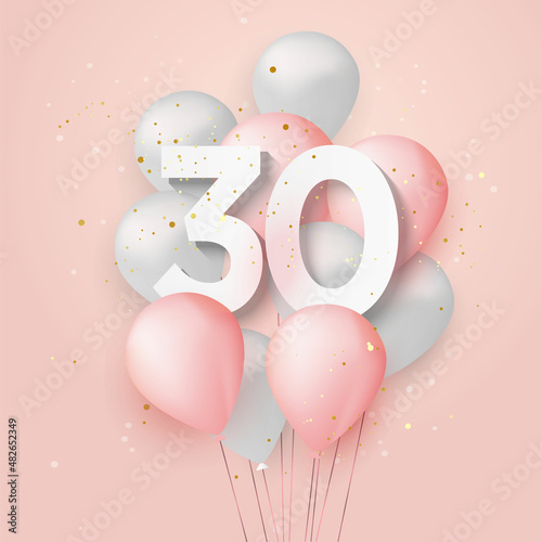 Happy 30th birthday balloons greeting card background. 30 years anniversary. 30th celebrating with confetti. Vector stock	