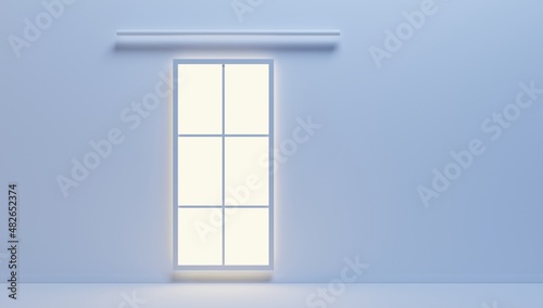 3d render  empty room with glass large window and cornice  front view. Realistic interior with blue wall and floor in office  studio  modern living room in house or apartment. Modern minimal concept