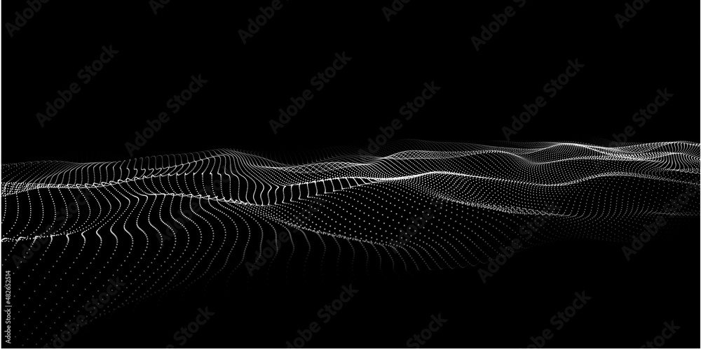 Wave of moving dots on an abstract dark background. 3D Vector illustration. Wave of moving dots on an abstract dark background. 3D Vector illustration.