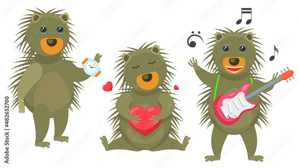 Fototapeta premium Set Abstract Collection Flat Cartoon Different Animal Porcupine Looks At The Clock, Hugs The Heart, Plays Guitar Vector Design Style Elements Fauna Wildlife