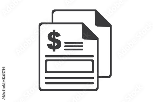 Two papers placed aside having blank place to add price and a dollar stamp on the top is a purchase invoice icon on white background for website, application, printing, document, poster design, etc.