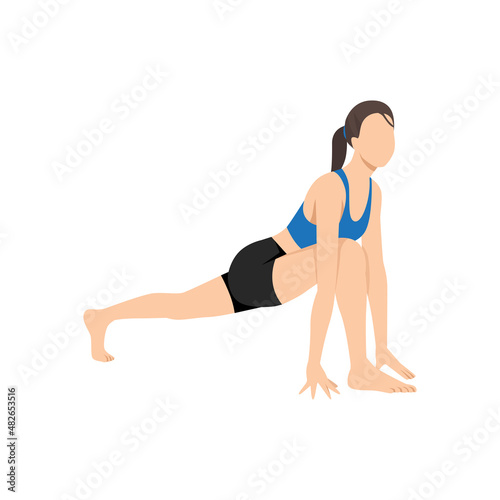 Woman doing high lunge pose alanasana exercise. Flat vector illustration isolated on white background