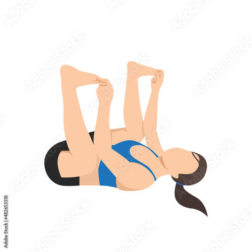 Woman doing happy baby pose exercise. Flat vector illustration isolated on white background