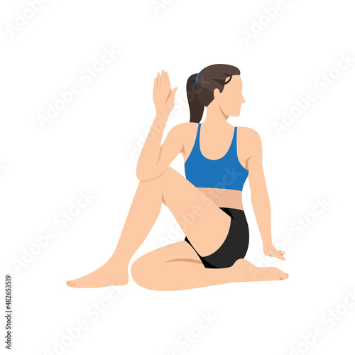 Woman doing half lord of the fishes ardha matsyendrasana exercise. Flat vector illustration isolated on white background photo