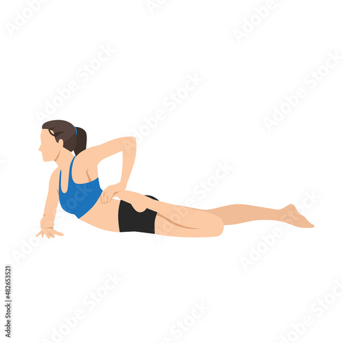 Woman doing half frog pose ardha bhekasana exercise. Flat vector illustration isolated on white background 