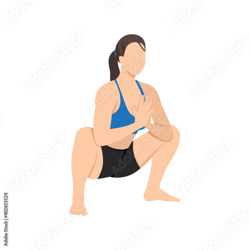 Woman doing garland pose malasana exercise. Flat vector illustration isolated on white background
