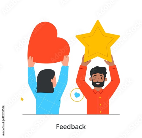 Customer Feedback abstract concept. Man and woman holding big star and red heart in their hands. Positive evaluation of service or product from users. Cartoon modern flat vector illustration