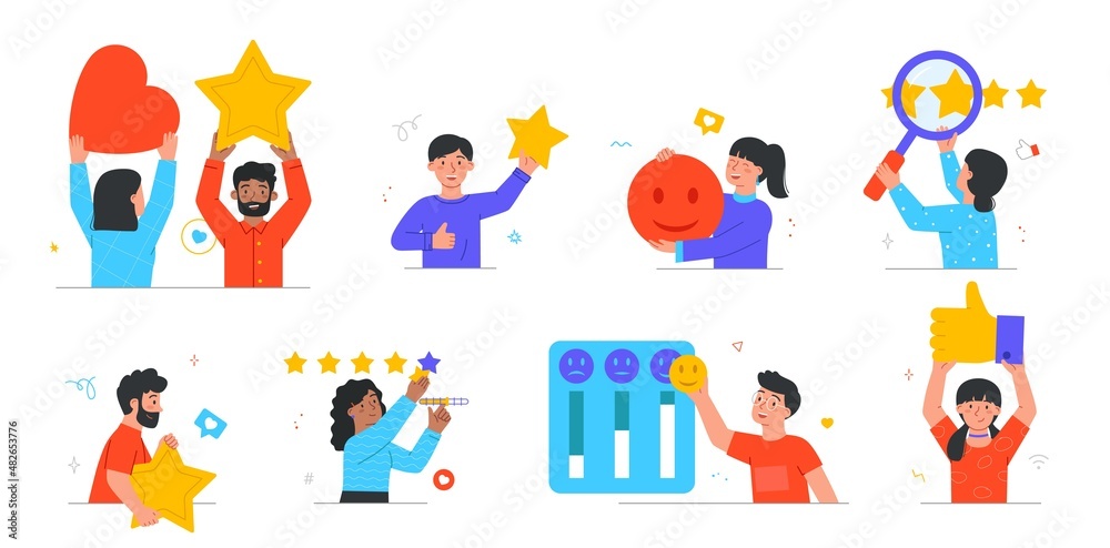 Customer experience abstract concept. Set of smiling men and women giving feedback. Users give star or rate service. Customer Rating. Cartoon flat vector collection isolated on white background