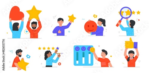 Customer experience abstract concept. Set of smiling men and women giving feedback. Users give star or rate service. Customer Rating. Cartoon flat vector collection isolated on white background