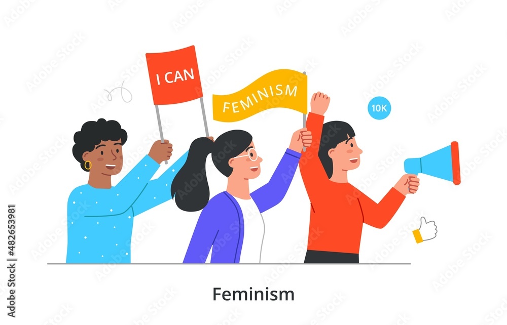 Feminism abstract concept. Group of young women with flags and megaphone defend their rights at peaceful rally. Gender equality. Strong female characters. Cartoon modern flat vector illustration Feminism abstract concept. Group of young women with flags and megaphone defend their rights at peaceful rally. Gender equality. Strong female characters. Cartoon modern flat vector illustration