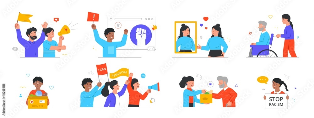 Social activism abstract concept. Feminism, body positive, helping people, stop racism and rally. Set of kind and conscious characters. Cartoon flat vector collection isolated on white background
