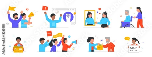 Social activism abstract concept. Feminism, body positive, helping people, stop racism and rally. Set of kind and conscious characters. Cartoon flat vector collection isolated on white background