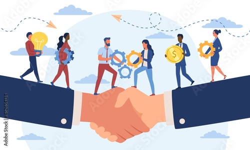 Business cooperation concept. Male and female entrepreneurs shake hands as sign of teamwork. Conclusion of contract or agreement. Partnership or collaboration. Cartoon flat vector illustration