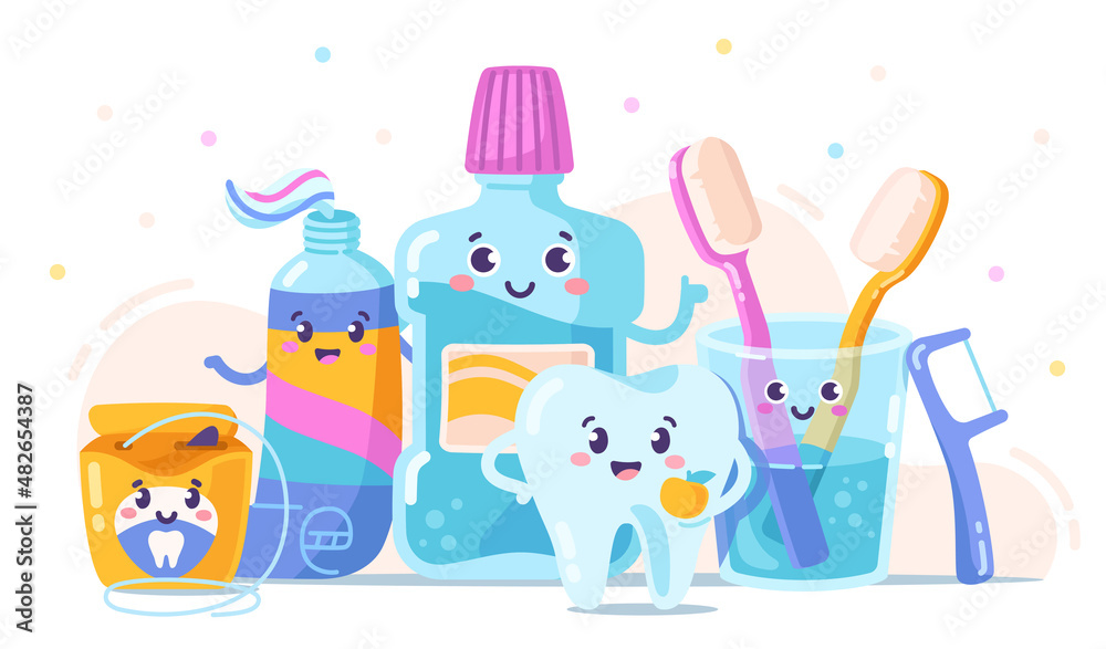 Dental and oral care abstract concept. Colorful poster with products for cleaning teeth. Toothbrush in glass, toothpaste, mouthwash and dental floss. Cartoon contemporary flat vector illustration