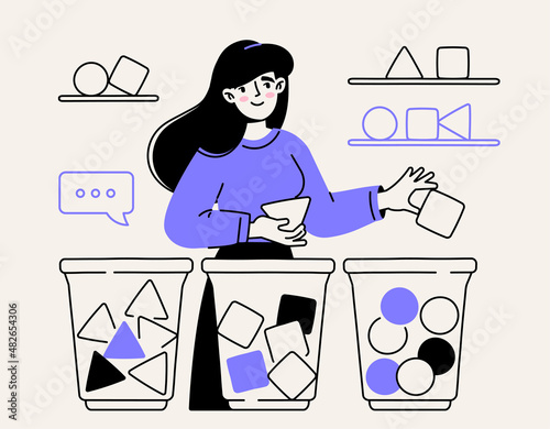 Sweet smiling woman holds various geometric shapes in her hands and sorts them into different baskets. Creating sets of circles, triangles and squares. Cartoon modern flat vector illustration