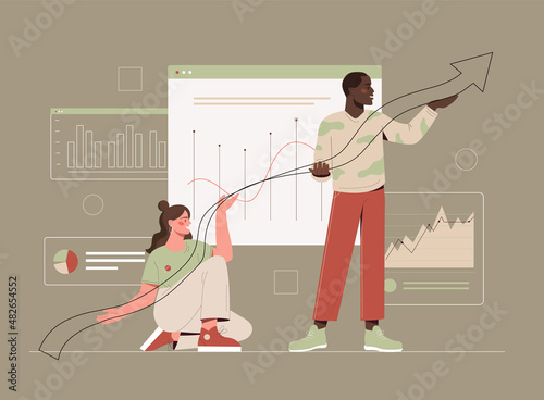 Characters hold growing statistics arrow. Entrepreneurs analyze financial statistics and develop business growth strategy. Investing or effective startup. Cartoon modern flat vector illustration