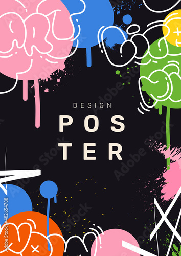 Abstract graffiti poster. Street art with contour inscriptions and symbols, bright splashes and copy space. Colorful design element for social networks and banners. Cartoon flat vector illustration